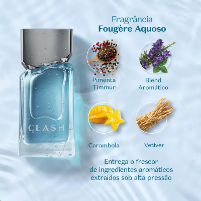 Frasco azul de perfume CLASH com ingredientes da fragrância exibidos