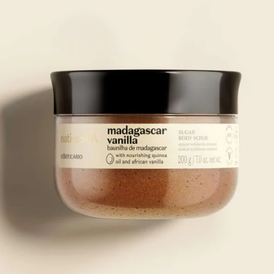 Esfoliante corporal Madagascar Vanilla em frasco de plástico com tampa preta