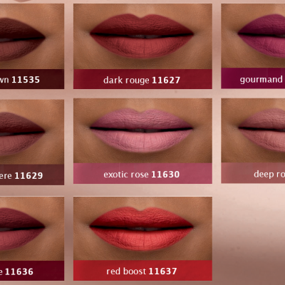 Sete imagens de bocas com diferentes tons de batom mate e seus nomes e códigos.