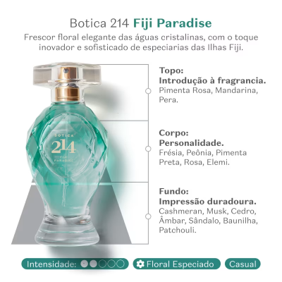 Frasco de perfume Botica 214 Fiji Paradise verde-azulado com tampa transparente e texto explicativo em português