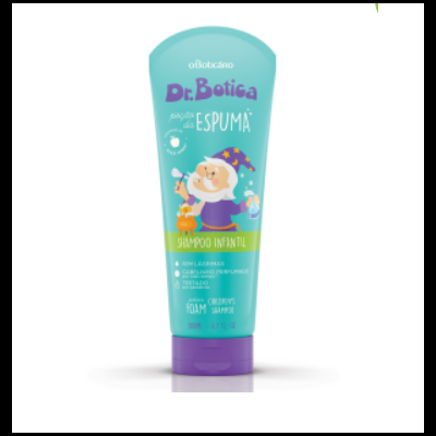 Frasco de shampoo infantil Dr.Bótica azul turquesa com tampa roxa e desenho de gnome