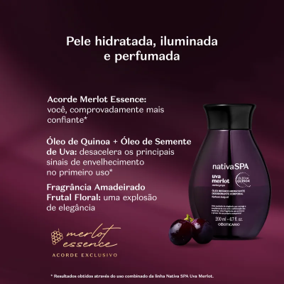 Frasco preto do produto nativaSPA Uva Merlot com uvas ao lado e texto promocional em fundo roxo