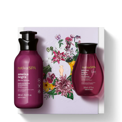 Conjunto nativaSPA ameixa negra com loção nutritiva e óleo corporal em embalagens roxas sobre caixa floral