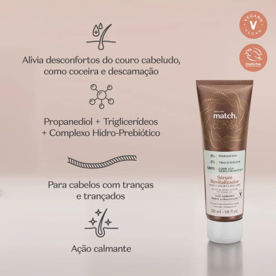 Frasco de serum revitalizador para cabelos com tranças em fundo bege