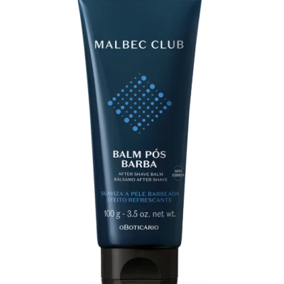 Bálsamo pós barba Malbec Club em embalagem azul escuro com tampa preta.