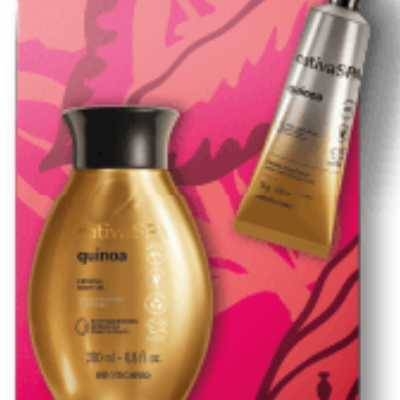 Conjunto de produtos ActivSpa quinoa dourados sobre fundo rosa com padrão floral.