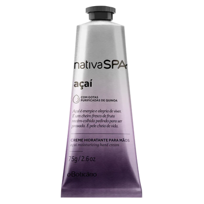 Creme hidratante para mãos Nativa SPA açaí embalagem metálica prateada com degradê roxo