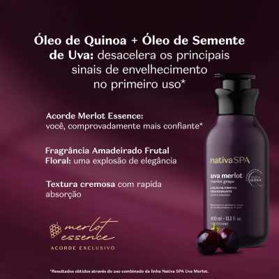 Frasco escuro de Nativa SPA Uva Merlot com duas uvas e texto promocional em fundo roxo