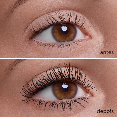 Close-up de olho castanho com pestanas antes e depois do uso de um produto