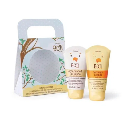 Conjunto de produtos para bebé Boti Baby com tubo de loção e sabonete líquido em embalagem branca decorada