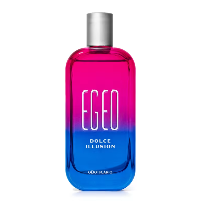Frasco de perfume rosa e azul com tampa prateada e texto branco