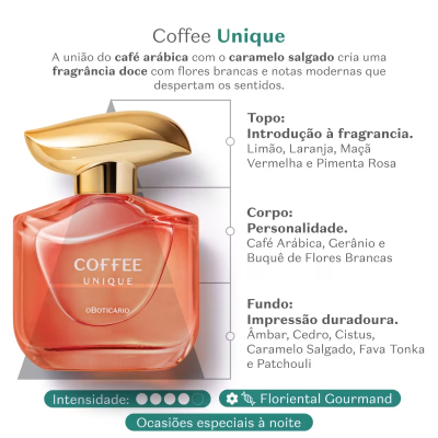 Frasco de perfume Coffee Unique com tampa dourada e texto branco
