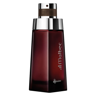 frasco de perfume castanho com tampa prateada e texto Malbec