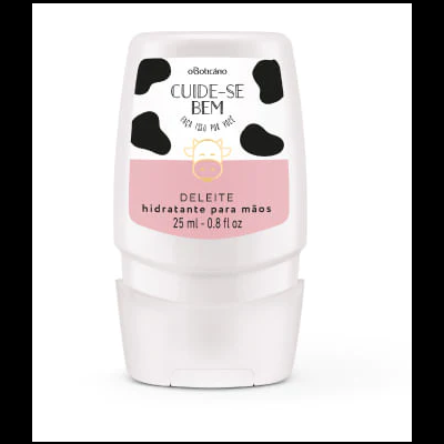 Frasco pequeno branco de hidratante para mãos com design de manchas pretas e texto descrito.