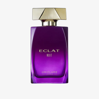 Frasco de perfume ECLAT NUIT em vidro roxo com tampa dourada