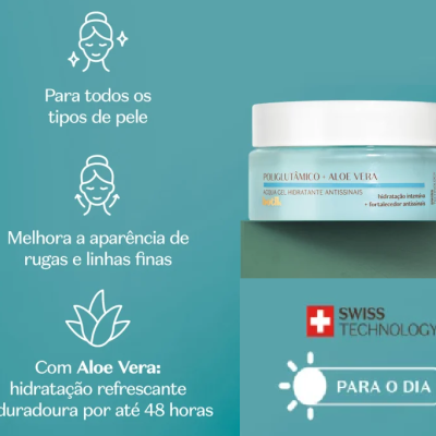 Frasco azul claro de creme facial com tampa branca e texto promocional em português
