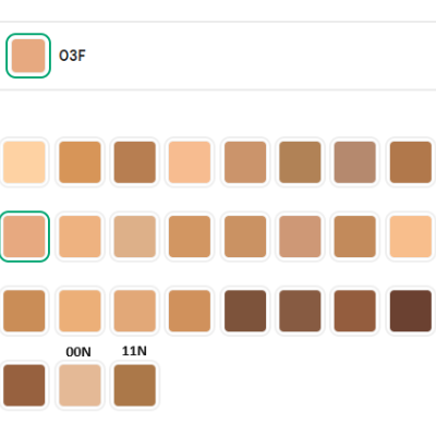 Paleta de tons de pele com quadrados em vários tons bege e castanho com tom 03F destacado