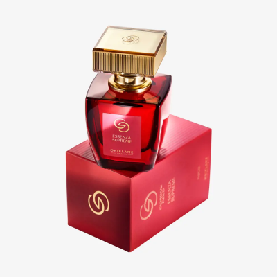 Frasco de perfume vermelho e caixa vermelha Essenza Supreme Oriflame