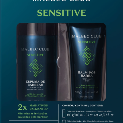 Produtos MALBEC CLUB SENSITIVE espuma de barbear e balm pós-barba em embalagens azul-escuras