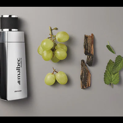 Frasco metálico de perfume Malbec com uvas verdes, pedaços de madeira e folhas