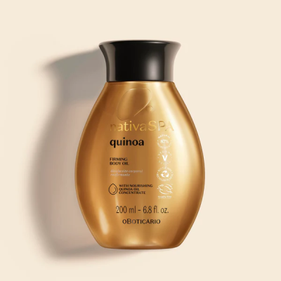 Frasco dourado de óleo corporal Nativa SPA quinoa com tampa preta