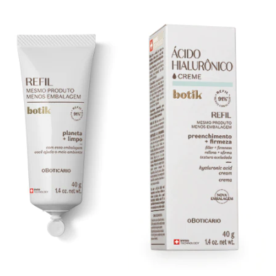 Creme Ácido Hialurônico Botik em tubo branco e caixa com textos em português