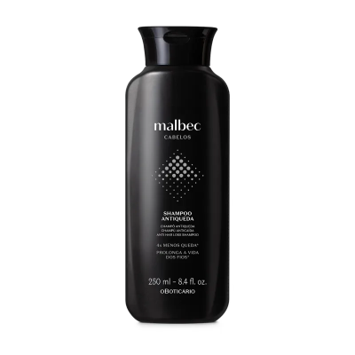 Frasco preto de shampoo Malbec Cabelos com tampa preta
