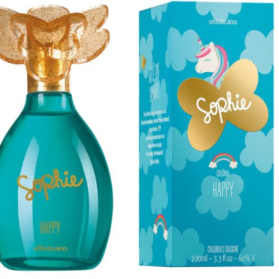 Frasco de perfume azul com tampa dourada e embalagem azul decorada