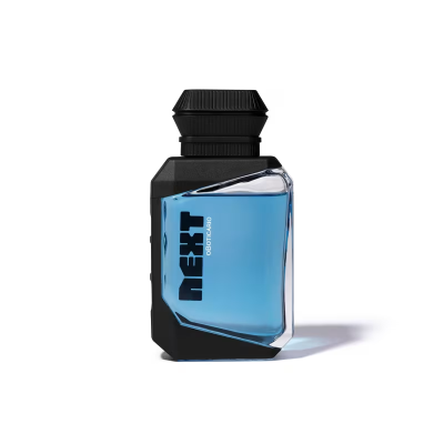 Frasco de perfume azul e preto com texto NEXXT