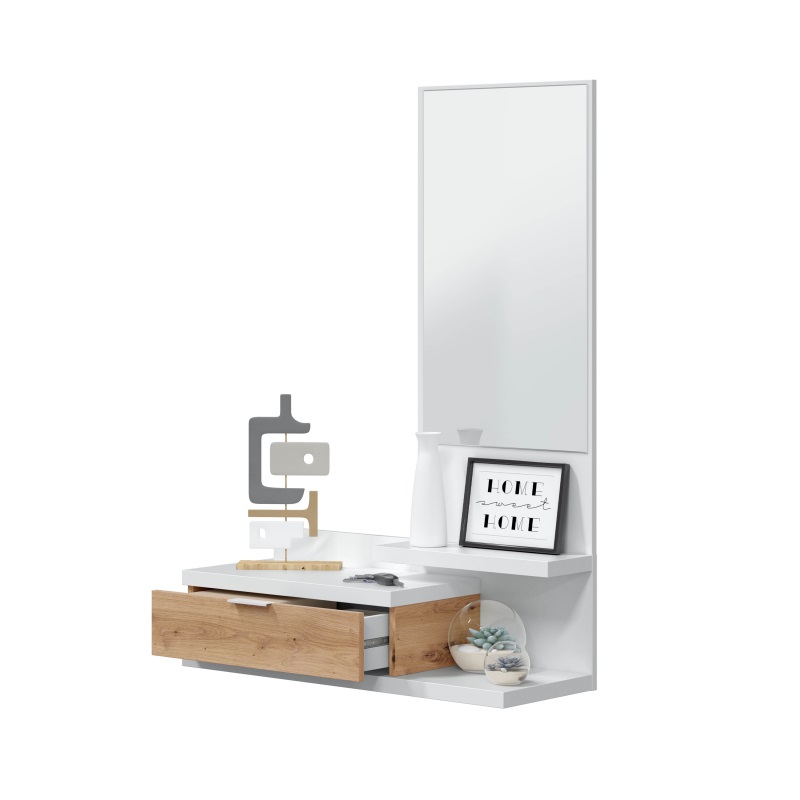 Organizador de parede branco com gaveta de madeira clara, espelho e decoração