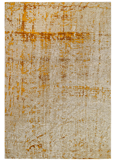 Tapete retangular em tons bege e amarelo mostarda com padrão abstrato