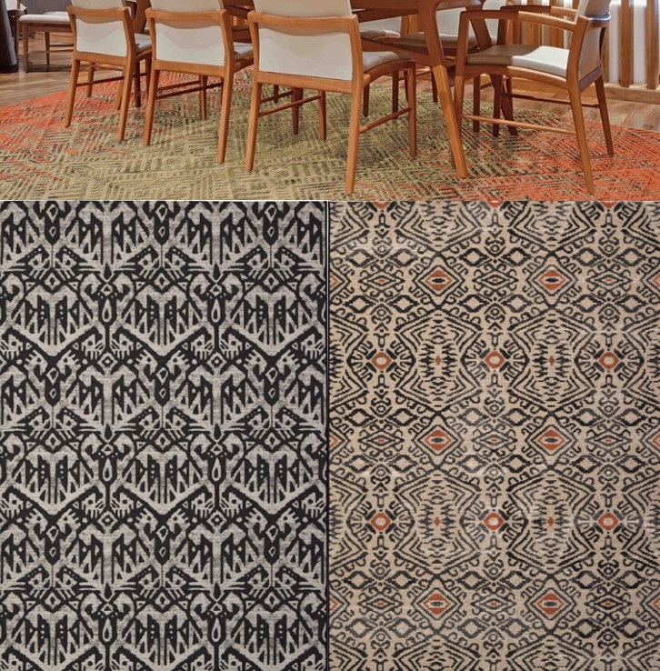 Mesa de madeira clara com seis cadeiras bege sobre tapete grande com padrões geométricos em tons neutros, interior com piso em madeira.