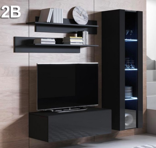 Conjunto de móveis de sala de estar preto com televisão, prateleiras e vitrina iluminada