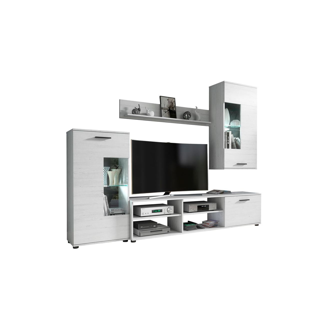 Conjunto de móveis brancos para sala com TV e prateleiras