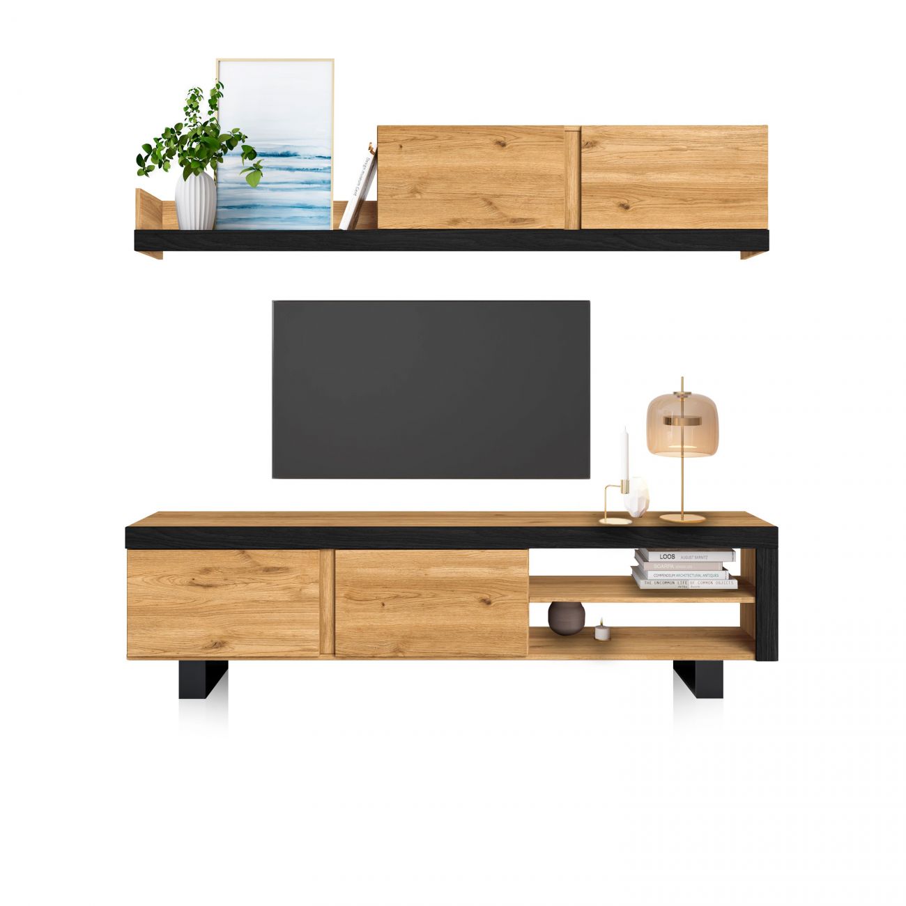 Conjunto de móveis para sala em madeira clara e preto com decoração