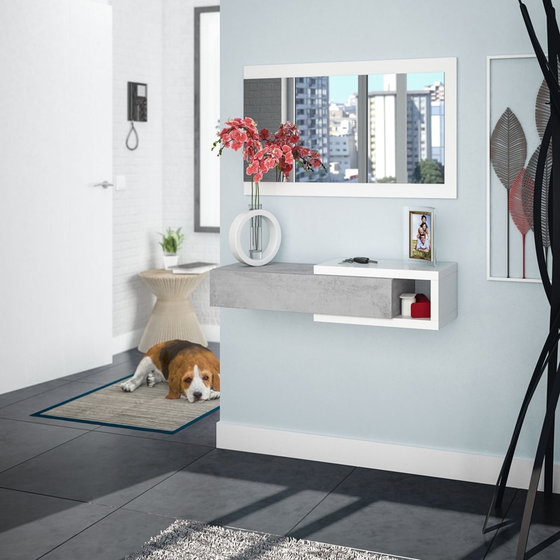 Hall de entrada moderno com consola suspensa, vaso com flores, espelho, tapete e cão deitado no chão