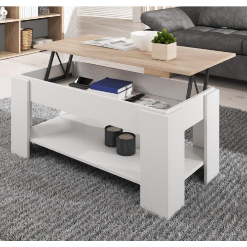 Mesa de centro branca com tampo de madeira clara elevável em sala com sofá cinzento.