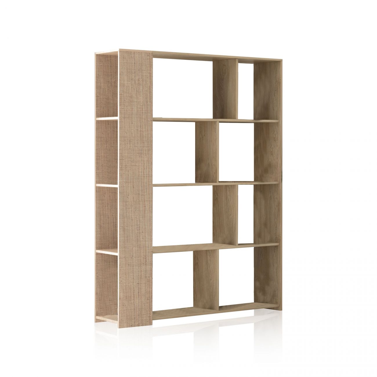 Estante de madeira clara com setores abertos variados