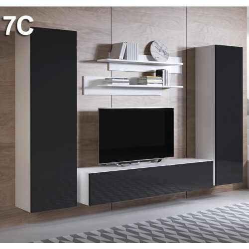 Conjunto de móveis parede branco e preto com televisão