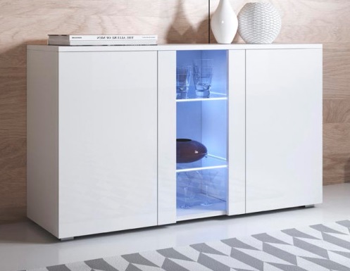 Aparador branco lacado com portas e iluminação interior azul