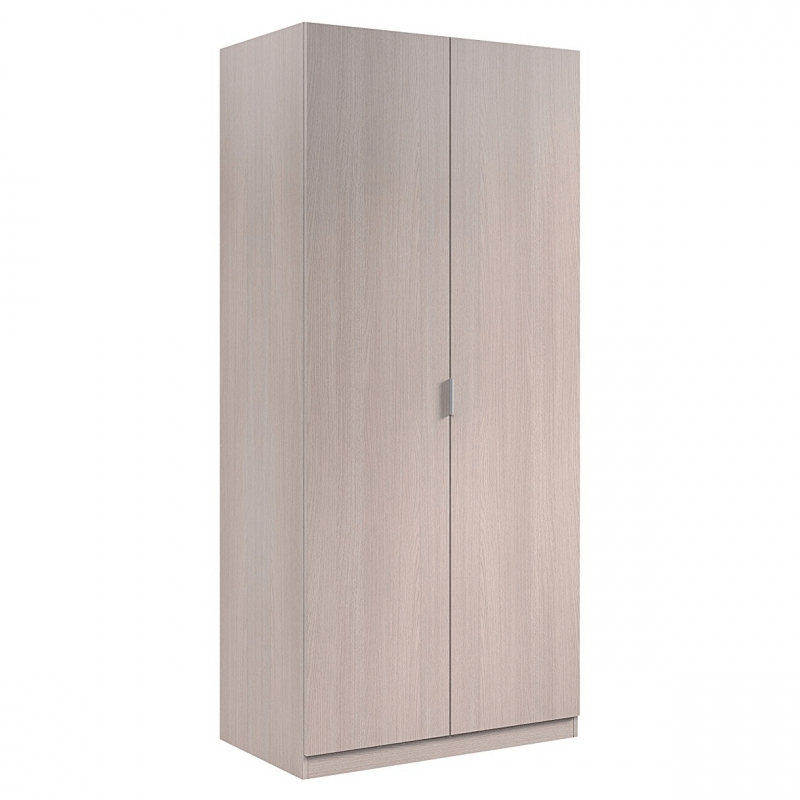 Armário guarda-roupa de madeira clara com duas portas e puxador metálico