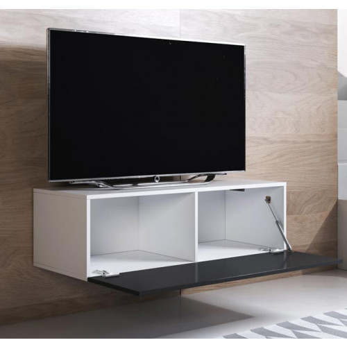 Móvel suspenso branco com porta preta aberta e televisor em cima