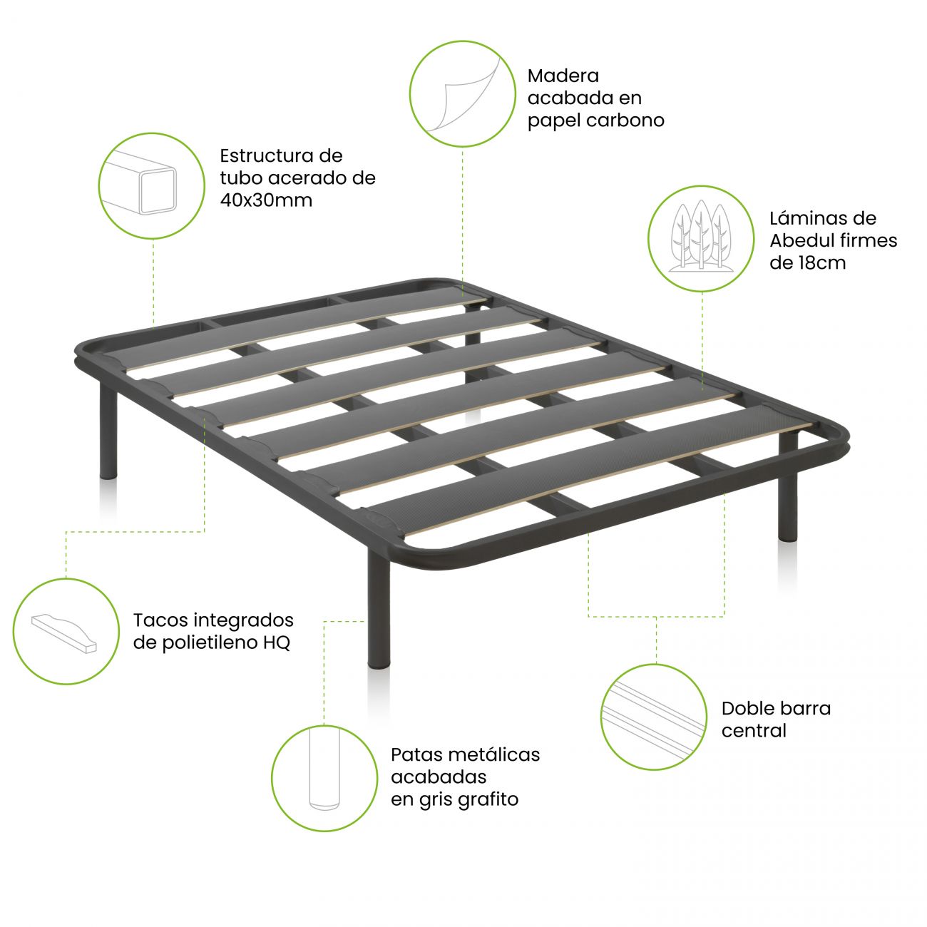 estrutura metálica preta para cama com madeira de abedul e barras de suporte