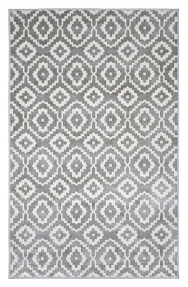 Tapete rectangular cinza e branco com padrão geométrico