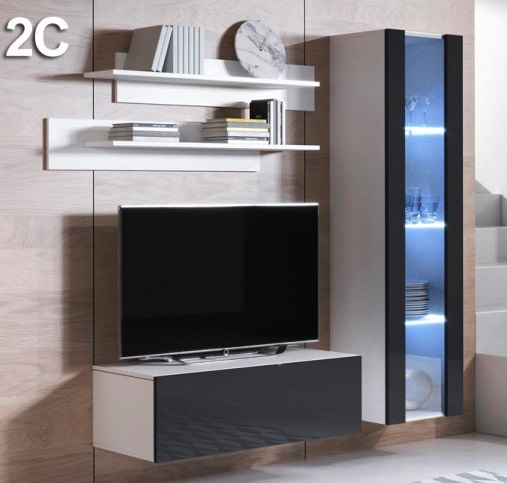 Móvel de sala moderno com armário, móvel para TV e prateleiras brancas com livros