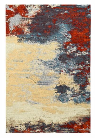 Tapete retangular com padrão abstrato em tons de vermelho, cinza, azul e bege