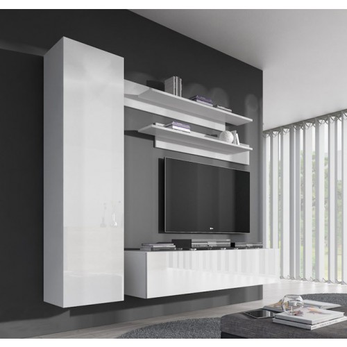 Conjunto de móveis de sala brancos lacados com televisão montada na parede cinzenta