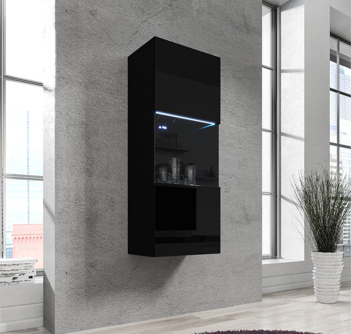 Móvel suspenso de parede preto brilhante com iluminação e copos