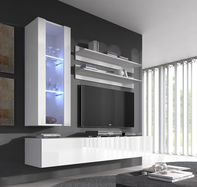 Móvel moderno branco para sala de estar com vitrina iluminada, prateleiras, suporte TV e móvel baixo