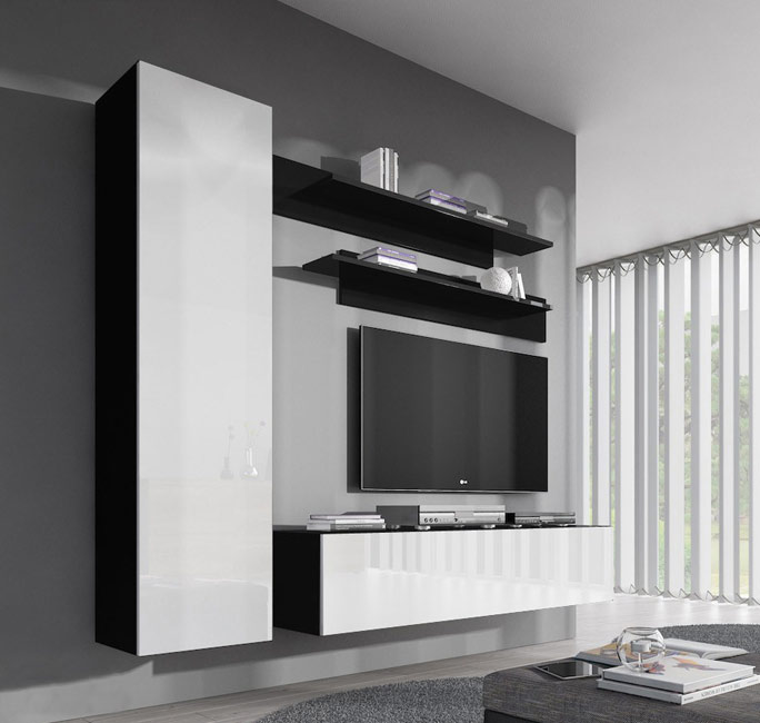 Móvel de sala de estar moderno com armário branco e prateleiras pretas